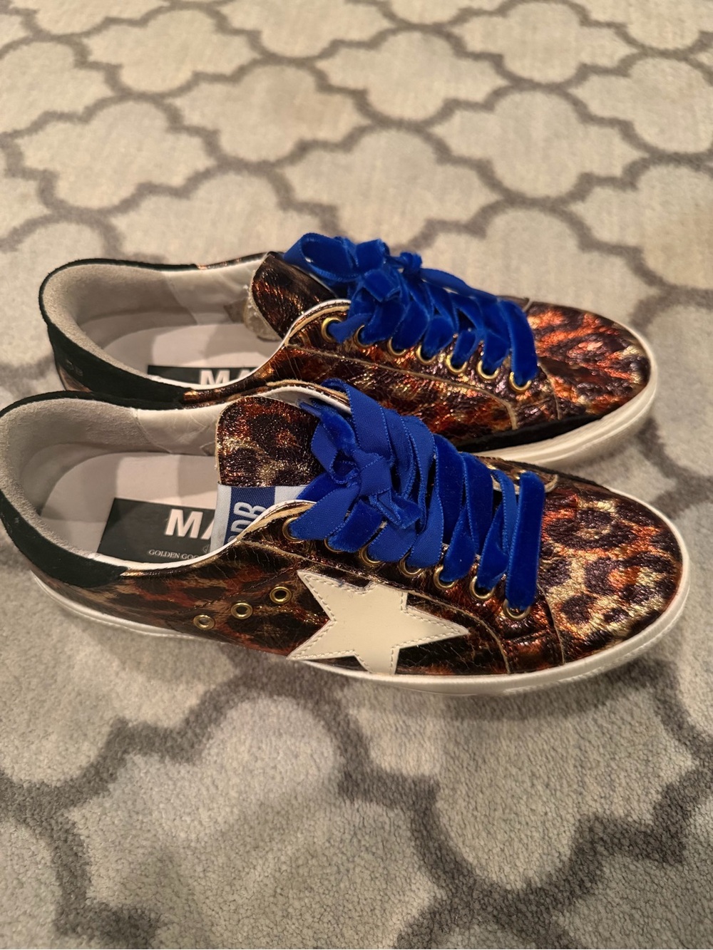 Golden Goose Metallic Leopard Sneakers with Bold Blue Laces